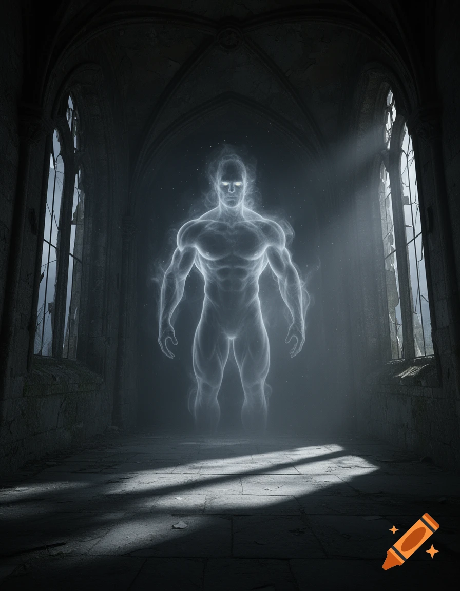 A spectral, muscular ghost glows in a dark, ruined gothic hall, illuminated by light rays from arched windows.