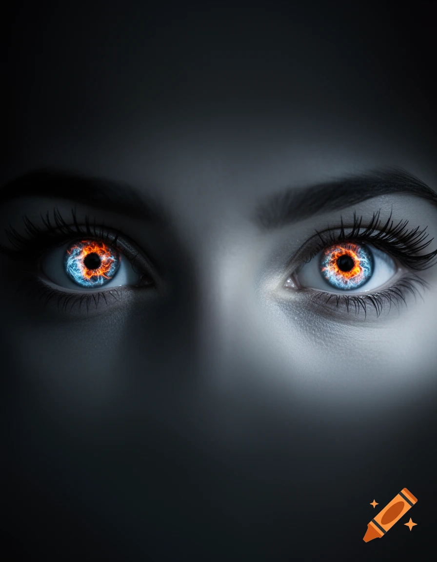 Close-up of glowing, fiery blue and orange eyes with dark pupils, set against a dark background.