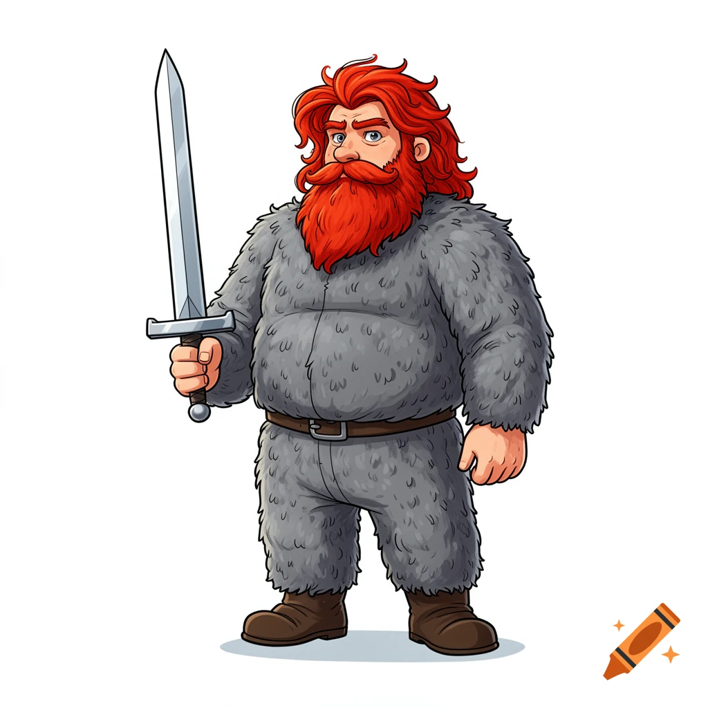 A cartoon medieval man with a red beard and hair, wearing a gray fur jumpsuit and boots, holds a plain sword, on a white background.