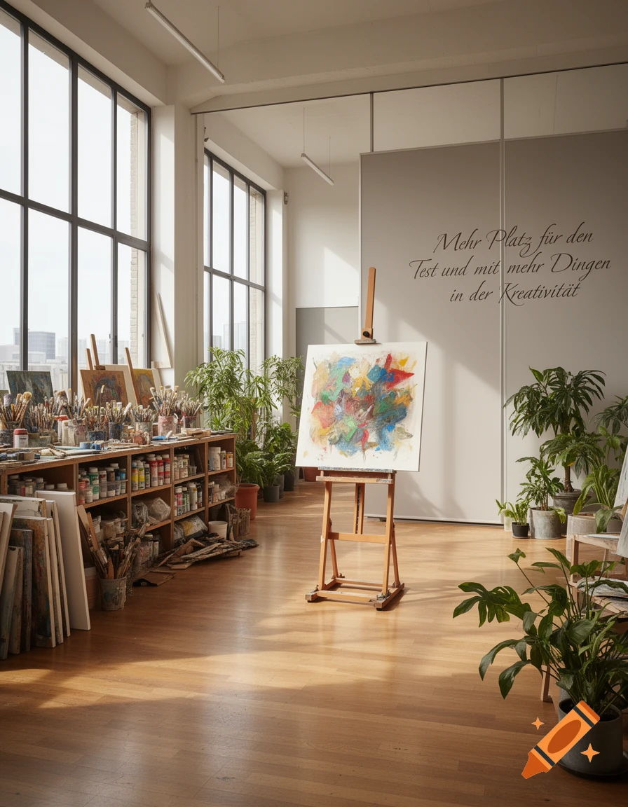 A spacious, brightly lit art studio with large windows, an easel holding an abstract painting, shelves of art supplies, and potted plants.