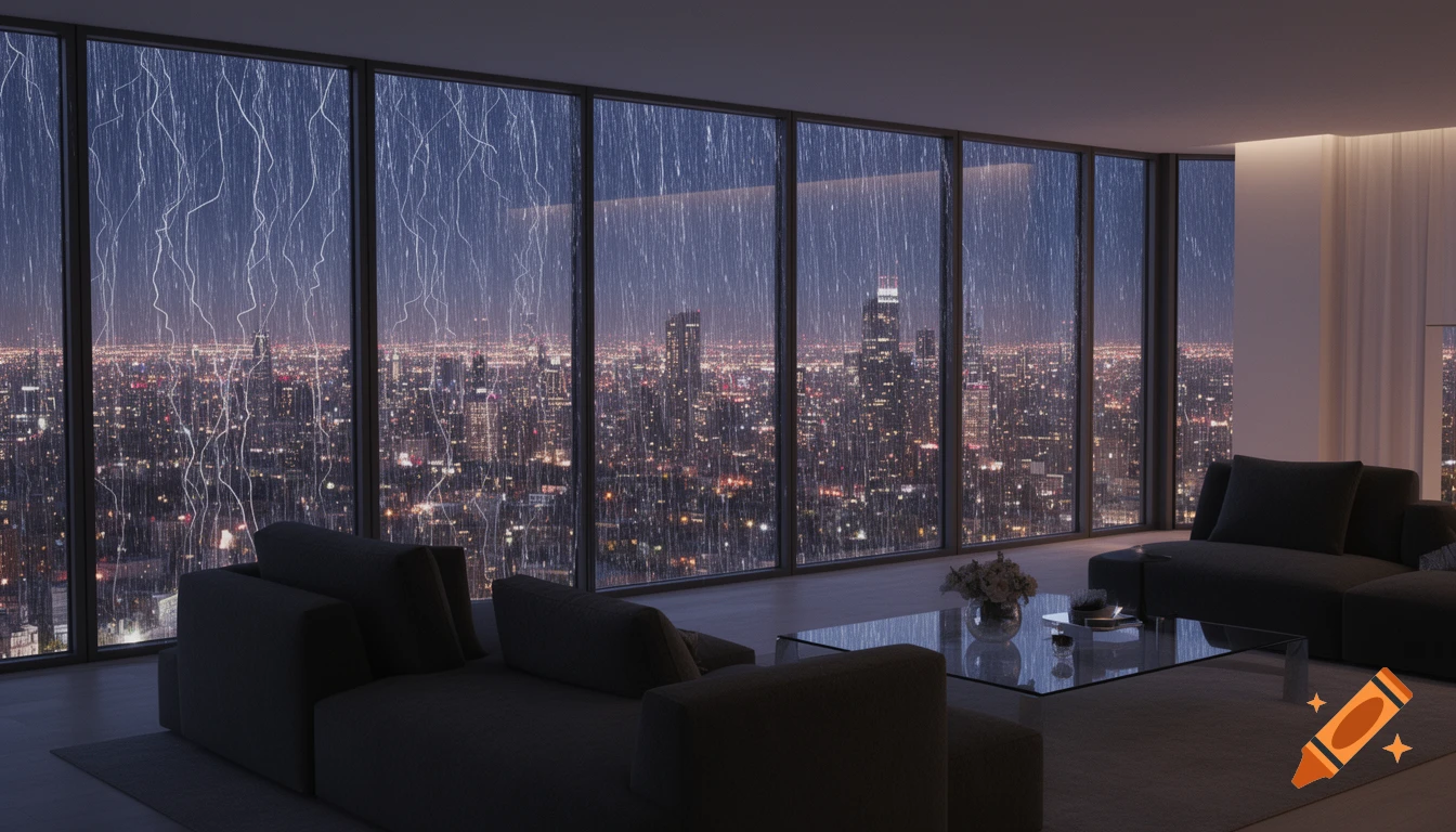 Modern apartment living room with large windows viewing a city skyline at night during a rainstorm.