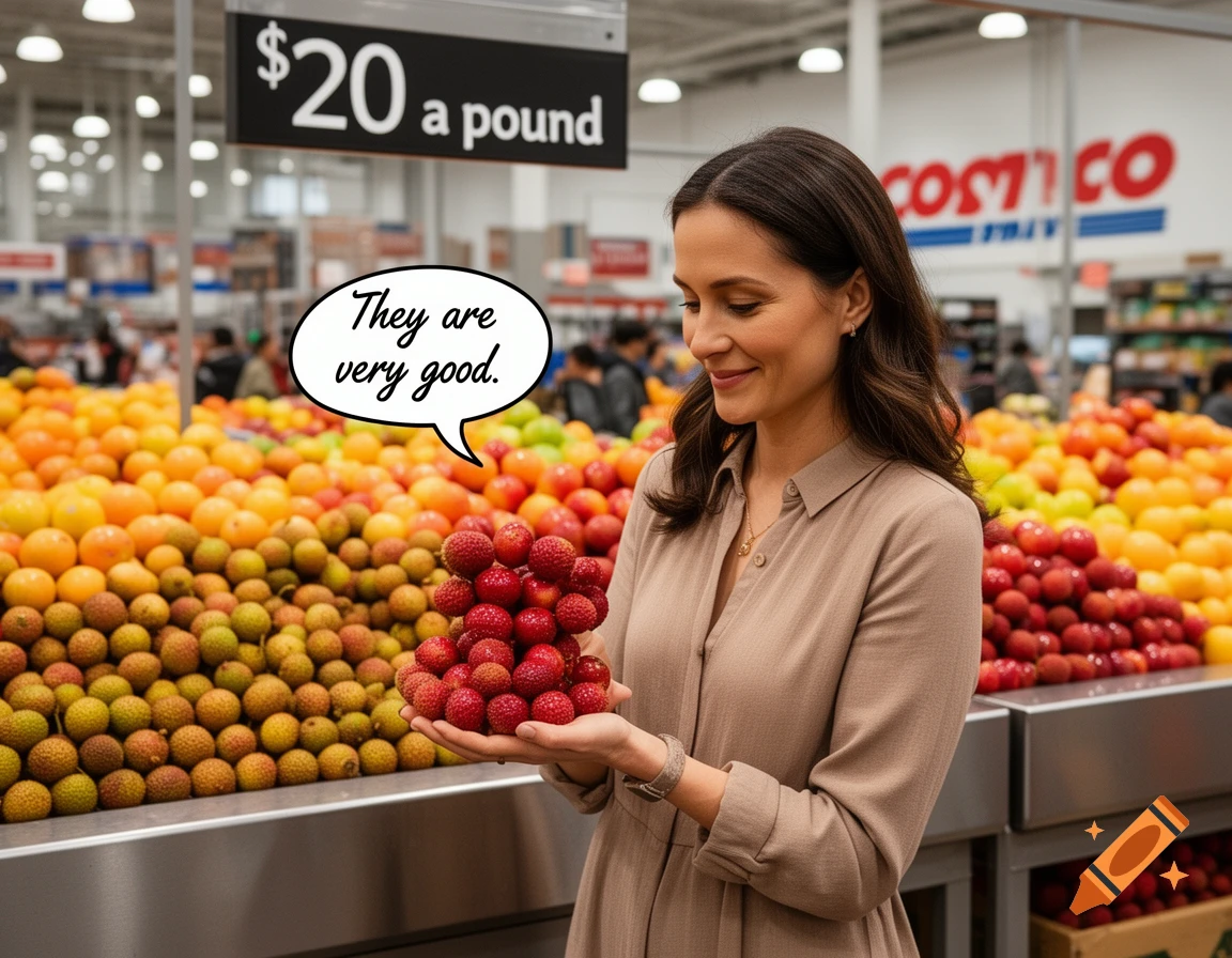 A woman holds lychees in a Costco produce section. A sign reads "$20 a pound", and a speech bubble states, "They are very good."