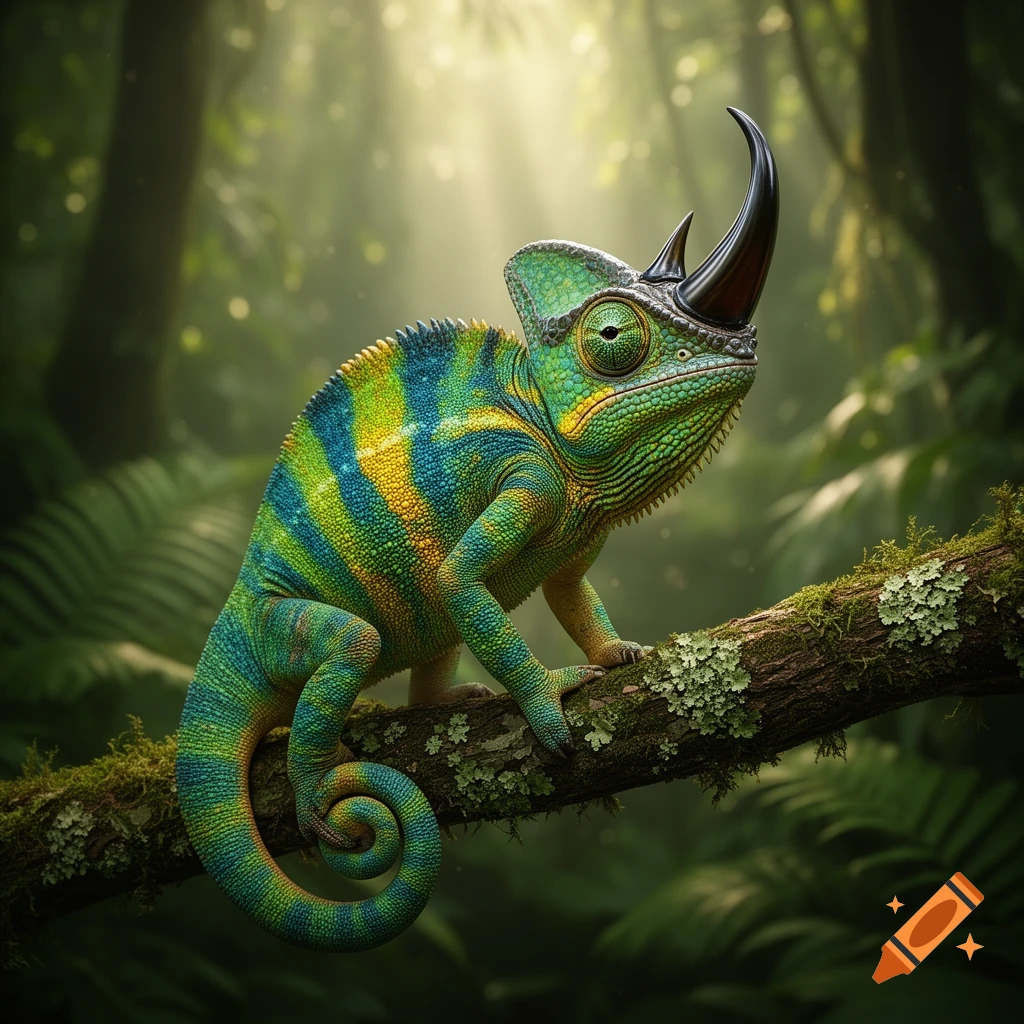 A vibrant green, yellow, and blue chameleon-rhinoceros beetle hybrid with a black horn sits on a mossy branch in a sunlit jungle.
