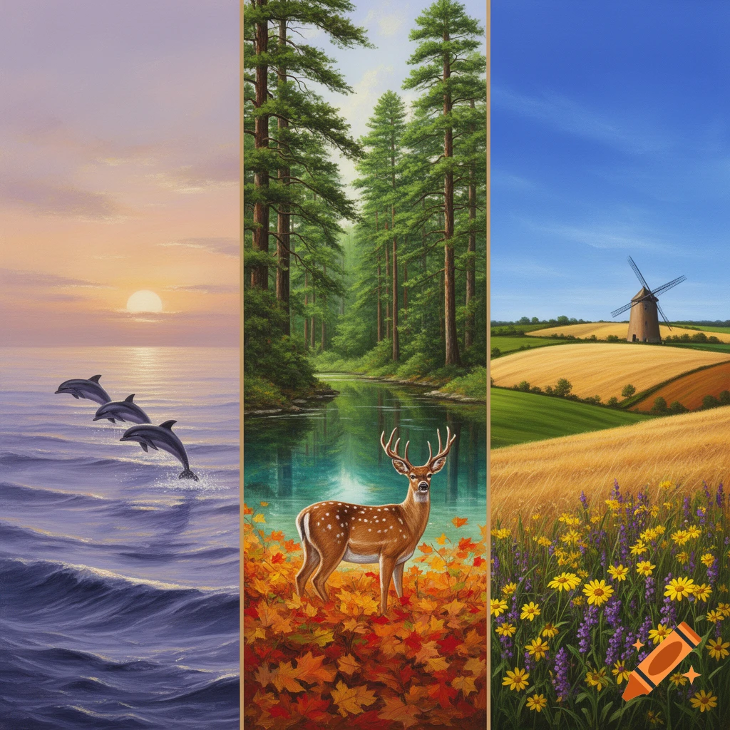 A painted triptych of nature scenes: dolphins in the ocean, a deer in a forest with autumn leaves, and a windmill in a field of wildflowers.