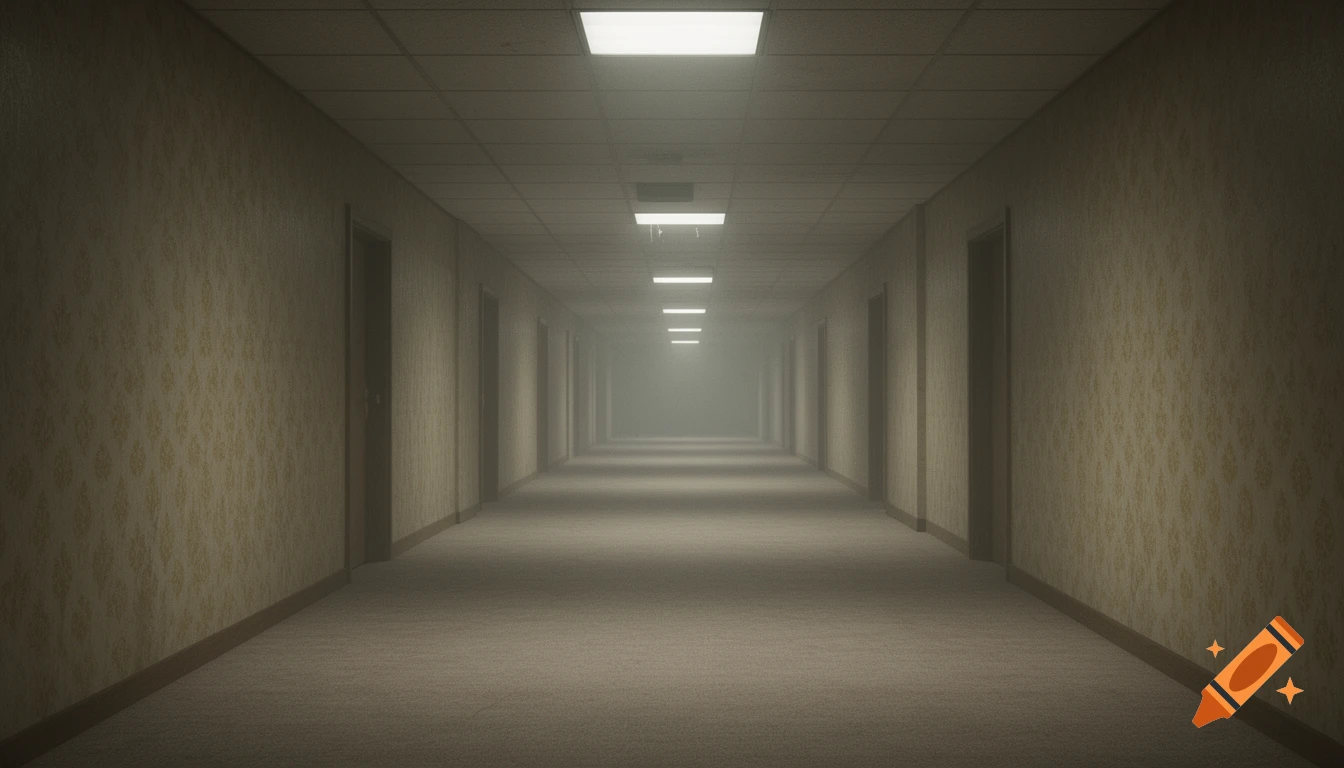 A long, empty, eerie hallway with yellow patterned wallpaper, beige carpet, and fluorescent lights, extending into a misty distance.