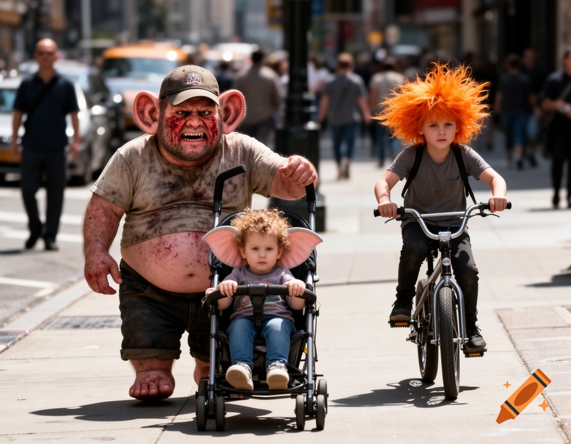 A monstrous, angry dwarf with large monkey ears and a bloody face pushes a stroller with a baby with elephant ears. Beside them, a child with wild orange hair rides a BMX bike down a city street.