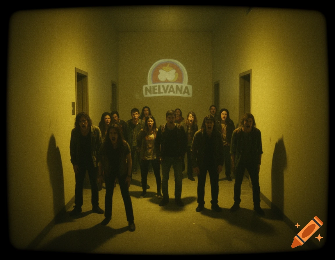 A grainy, horror-style image of a group of people with open mouths in a dark, yellow-lit hallway with a 'Nelvana' logo projected on the wall.