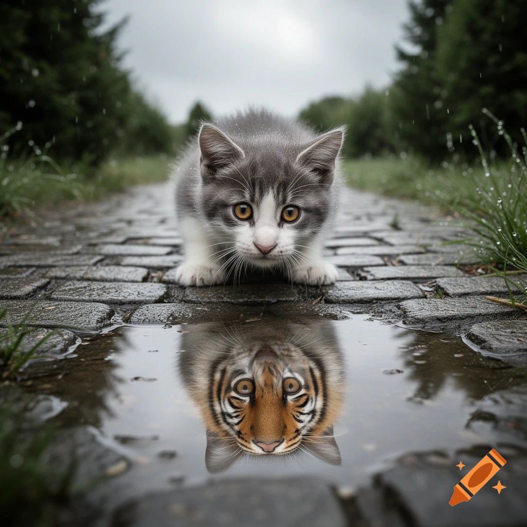 A grey and white kitten crouches on a wet cobblestone path, looking into a puddle that reflects a tiger cub's face.