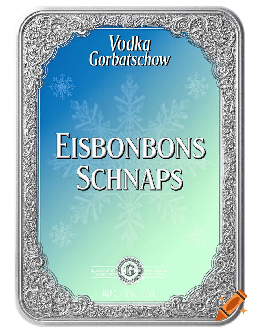 A decorative silver-framed label for Vodka Gorbatschow Eisbonbons Schnaps with a blue-green gradient background and snowflakes.