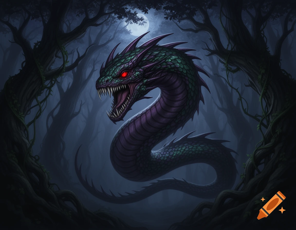 A stylized drawing of a green and purple dragon-like serpent with glowing red eyes, sharp teeth, and spikes in a dark, moonlit forest.