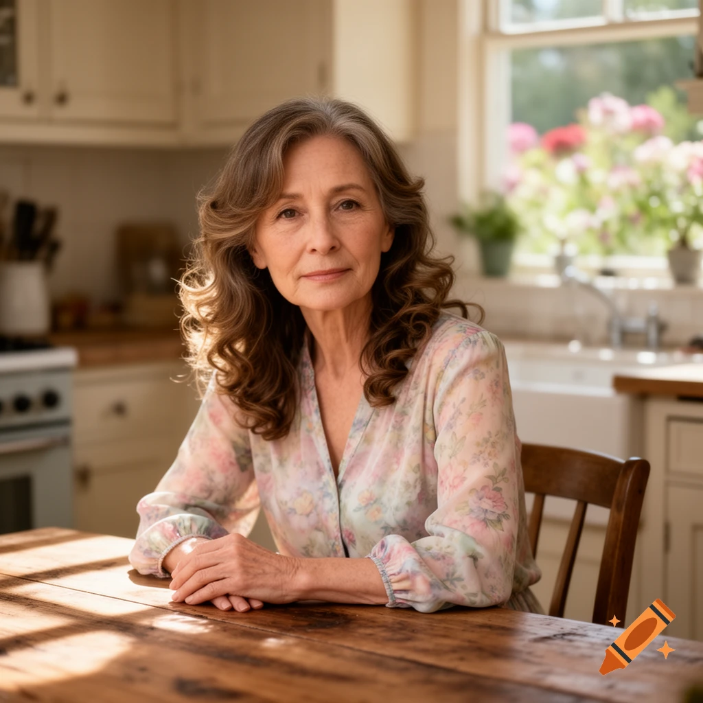 A photorealistic portrait of a middle-aged woman with wavy brown hair, sitting at a wooden table in a sunny kitchen.