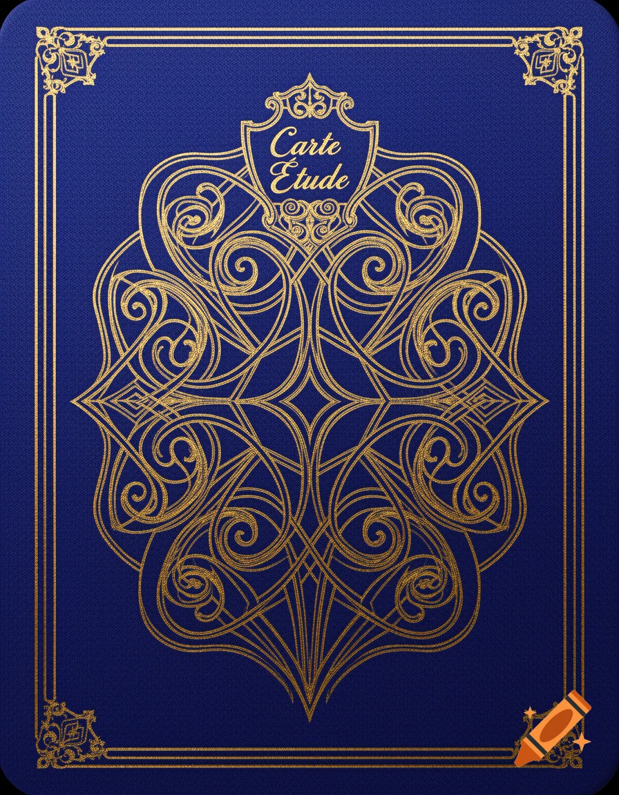A blue playing card back with intricate gold ornate patterns and the text 'Carte Etude' in the center.