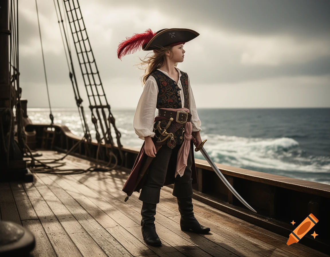A young girl dressed as a pirate stands on a ship's deck, looking out over the ocean under a cloudy sky.