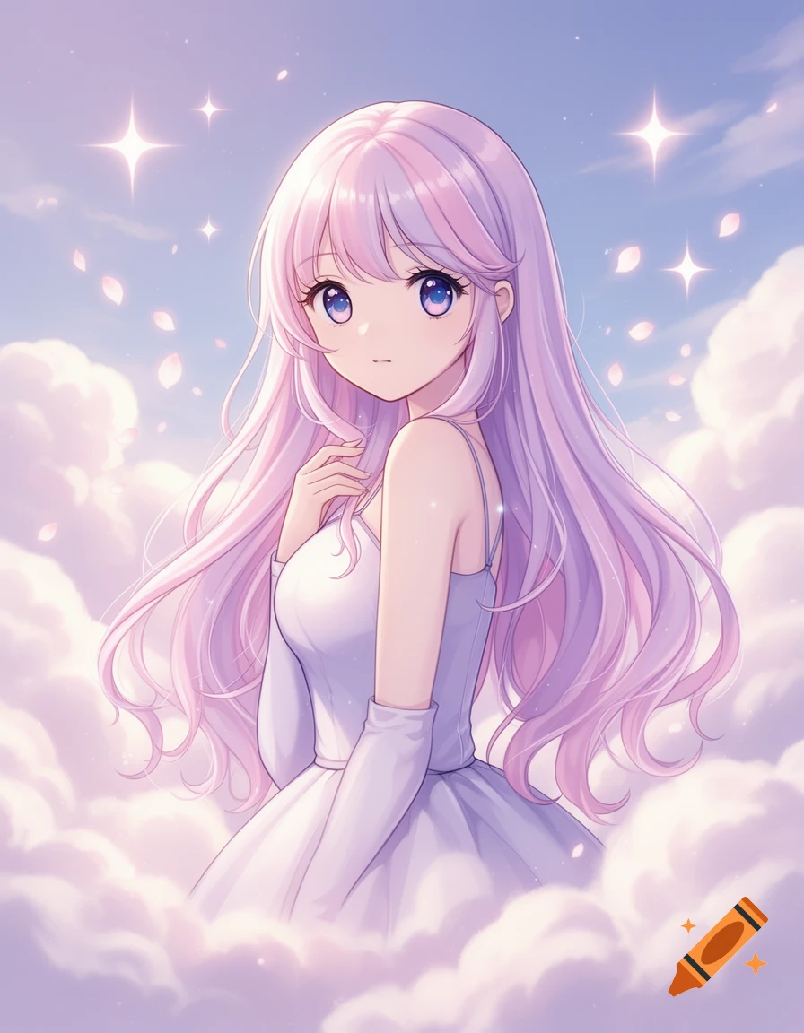 Anime girl with long pastel pink and purple hair, wearing a white dress, emerges from soft clouds under a starry sky.