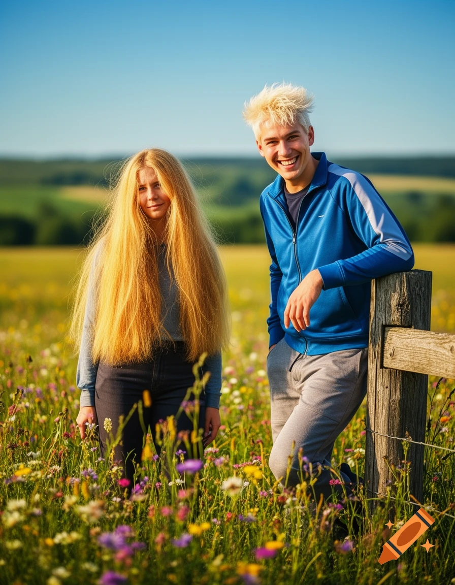 Two young people in a sunny field of wildflowers. A woman with long blonde hair next to a smiling man with short blonde hair leaning on a wooden fence.