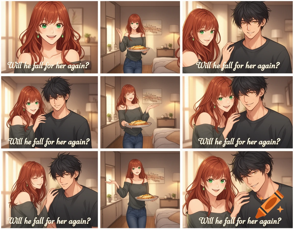 An anime-style comic strip showing a woman trying to charm a man with food and smiles, with the recurring text 'Will he fall for her again?'