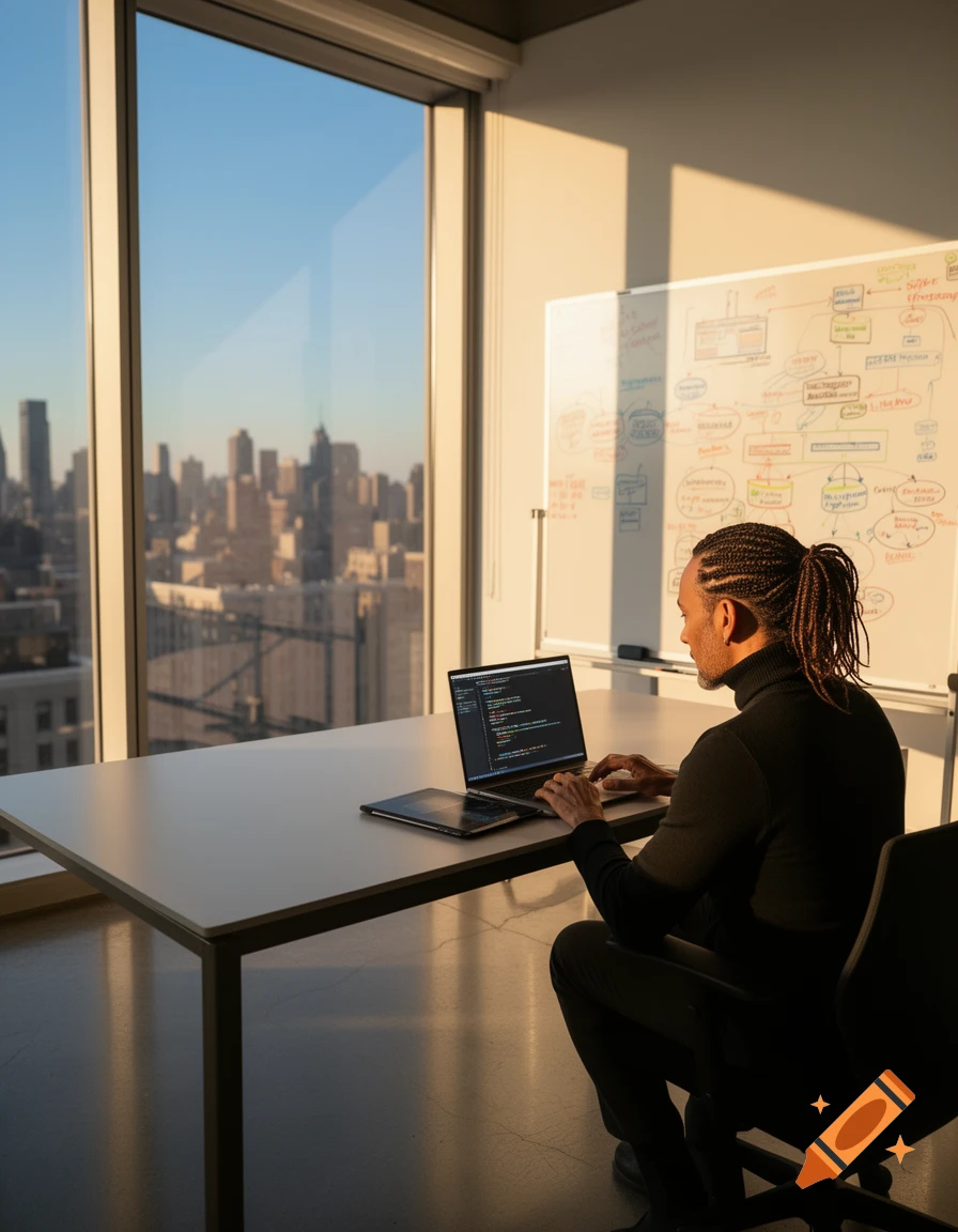 Man with dreadlocks coding on a laptop in a modern office overlooking a city skyline at sunset.