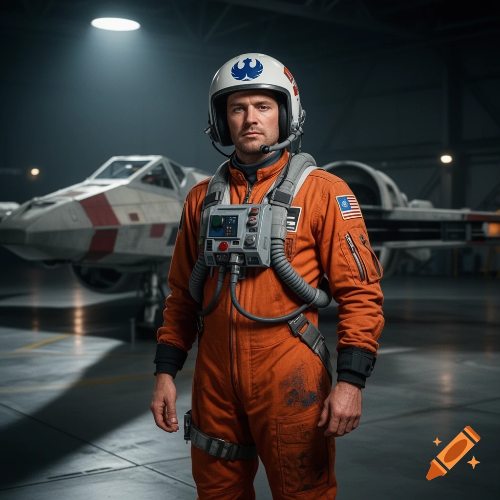 A photorealistic image of a male pilot in an orange flight suit and helmet, standing in a dim hangar with an X-wing spaceship.