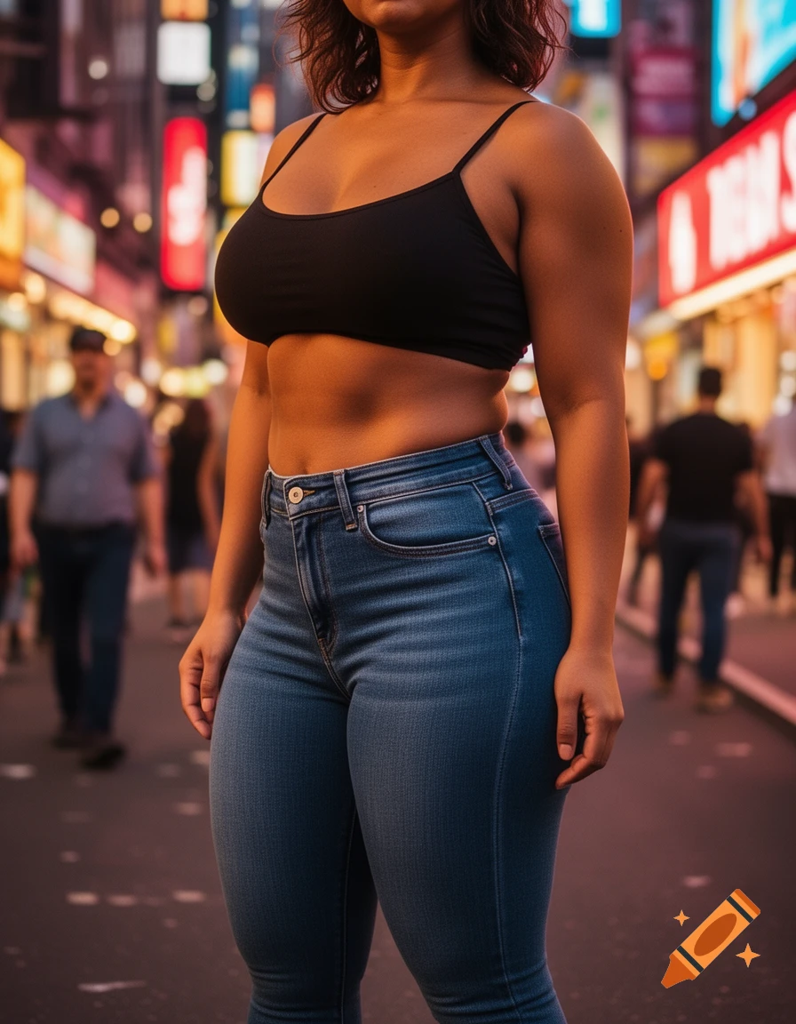 Close-up of a woman in a black bra and blue jeans standing on a blurred city street at night.