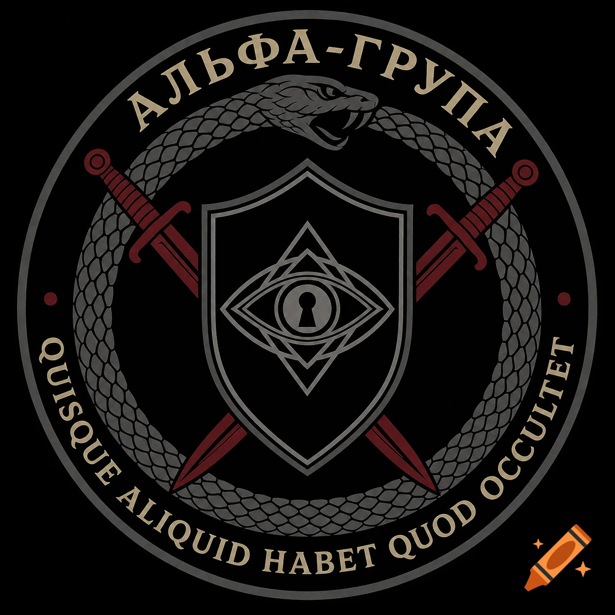 A circular military intelligence patch with a gunmetal ouroboros, a black shield with a geometric eye and keyhole pupil, crossed crimson daggers, and text "АЛЬФА-ГРУПА" and "QUISQUE ALIQUID HABET QUOD OCCULTET".