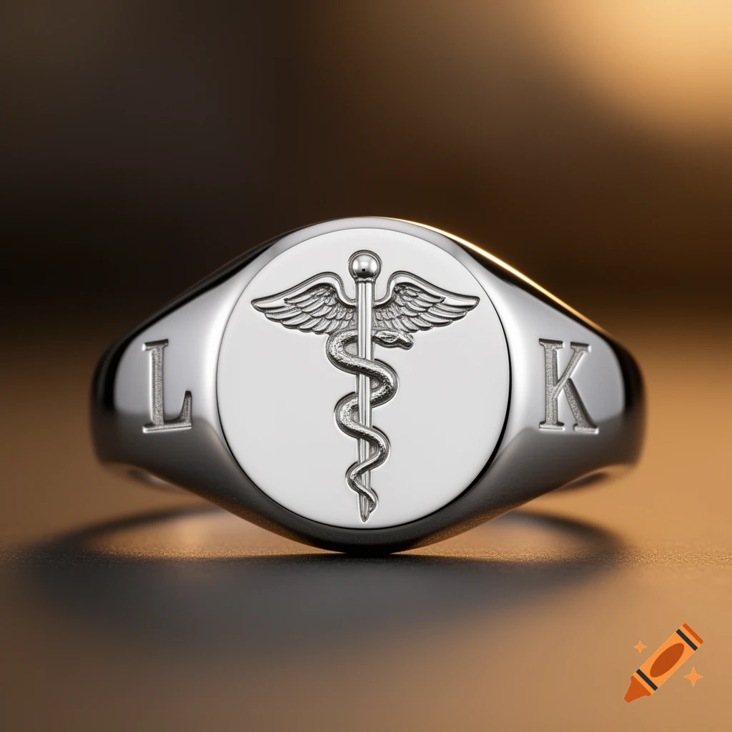 A close-up of a shiny silver signet ring featuring a Caduceus symbol, with an 'L' on the left and a 'K' on the right.