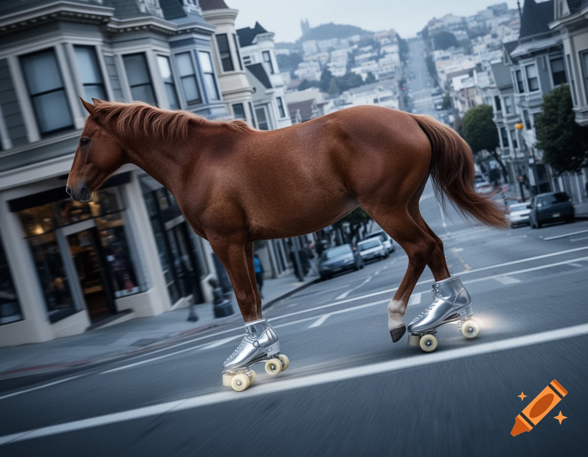 A photorealistic brown horse wearing silver roller skates races down a steep San Francisco street lined with classic buildings.