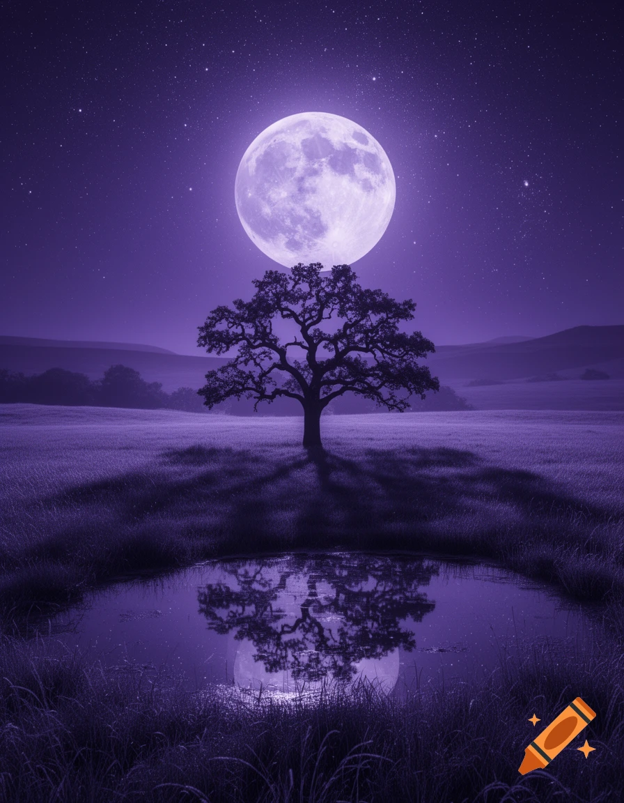 A vibrant purple night landscape with a large full moon, a silhouetted tree, and its reflection in a pond under a starry sky.