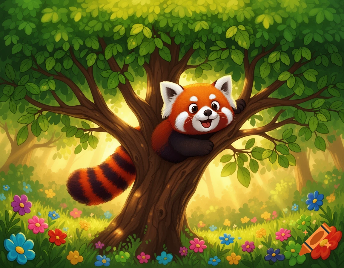 A cute cartoon red panda peeking from a tree trunk in a lush green forest with colorful flowers.