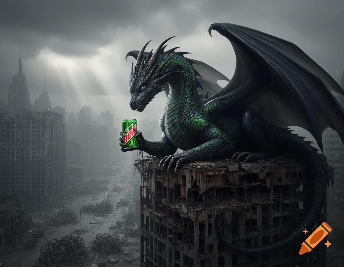 A giant green and black dragon sits on a ruined skyscraper in a dystopian city, holding a Mountain Dew can.