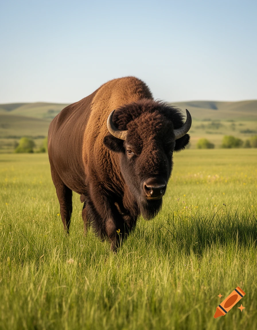 A large brown bison stands in a vibrant green grassy field under a clear blue sky, looking directly forward.