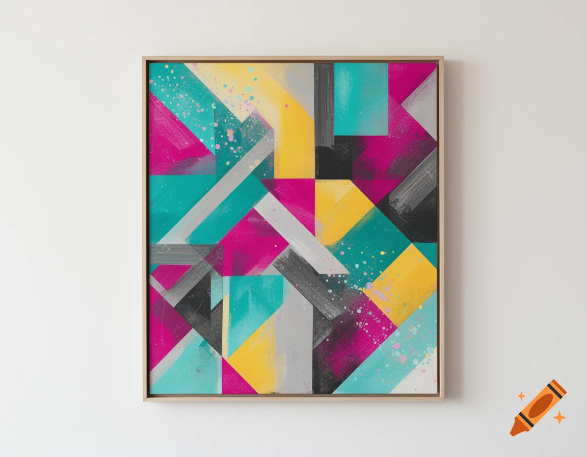 Vibrant abstract painting with overlapping geometric shapes in magenta, teal, yellow, gray, and black, with subtle paint splatters.