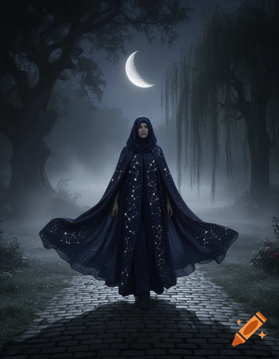 A hooded figure in a dark, star-patterned cloak walks on a cobblestone path through a foggy, moonlit forest.