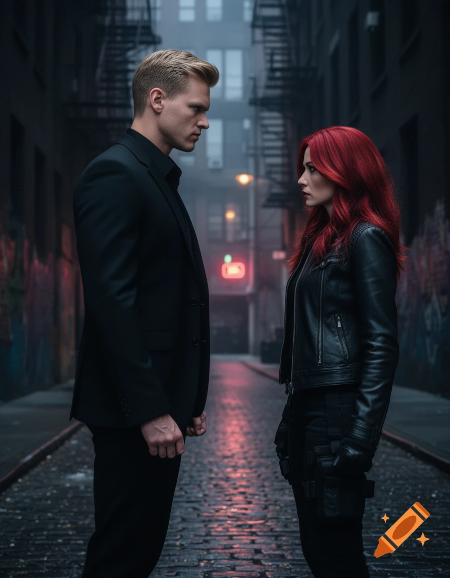 A blonde man in a suit and a red-haired woman in a leather jacket face each other in a dark, graffiti-covered alley at night.