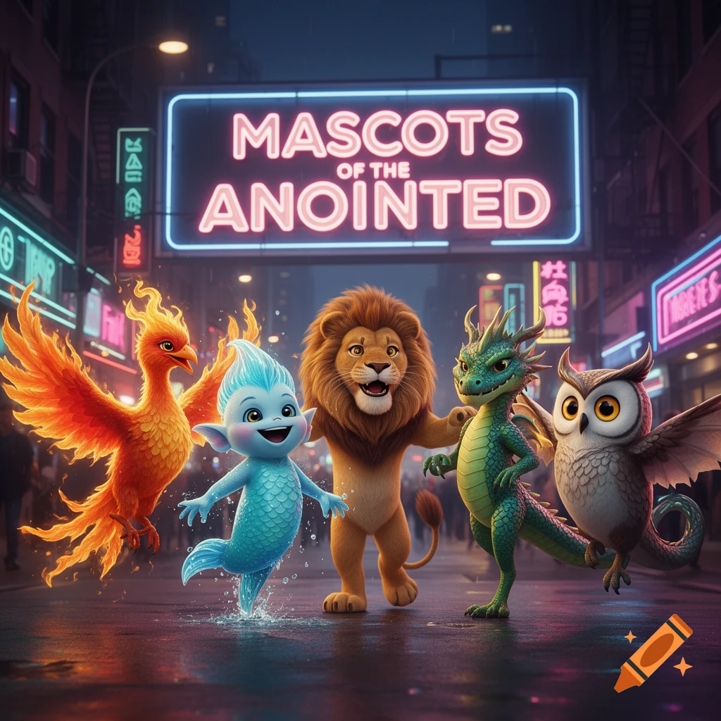 Cheerful cartoon mascots: a phoenix, mer-child, lion, dragon, and owl, pose on a wet city street at night under a glowing neon sign 'MASCOTS OF THE ANOINTED'.