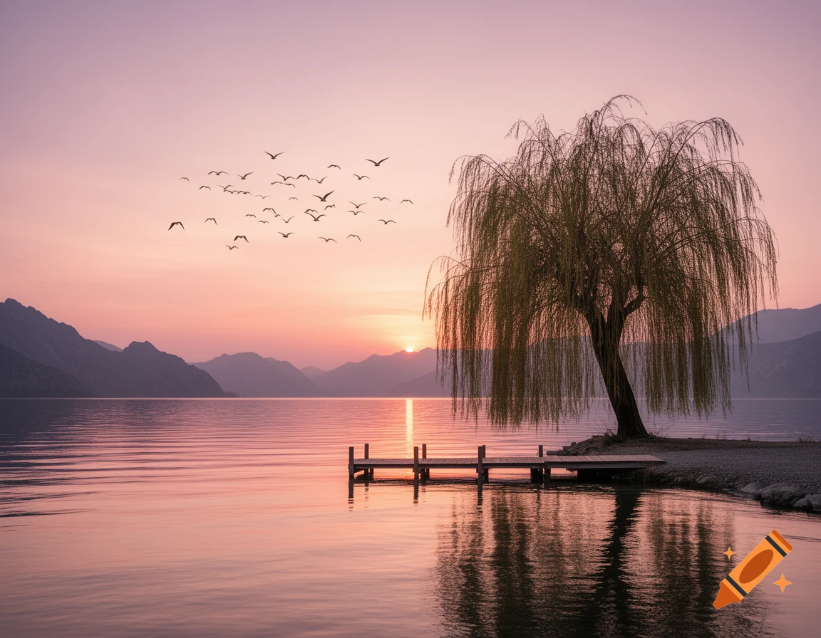 A serene lake at sunset with distant mountains, a weeping willow tree, a small dock, and birds flying in a pink sky.