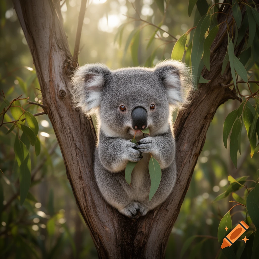 A fluffy koala sits in a eucalyptus tree, eating leaves, with golden sunlight filtering through the background.