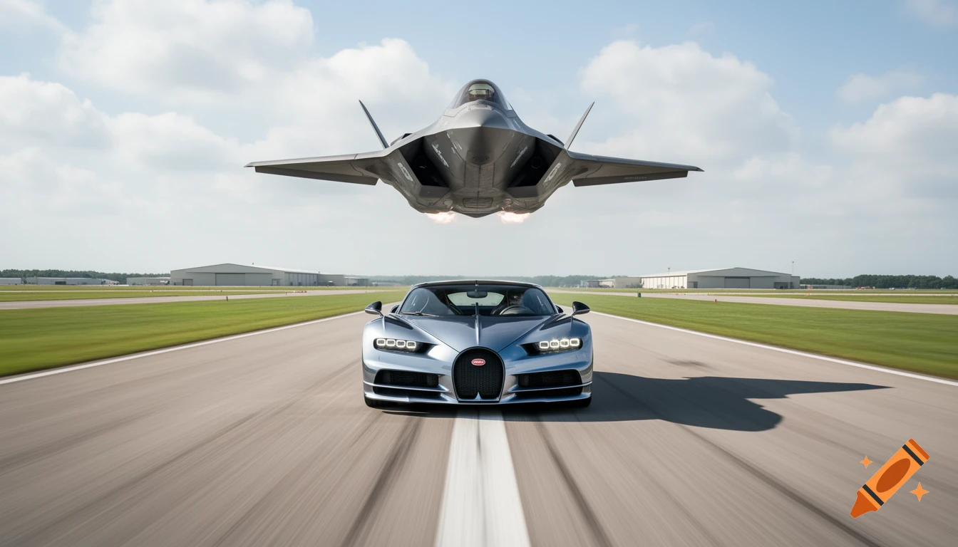 A silver Bugatti Chiron Super Sport and an F-35 fighter jet on a runway, facing forward, appearing to race.