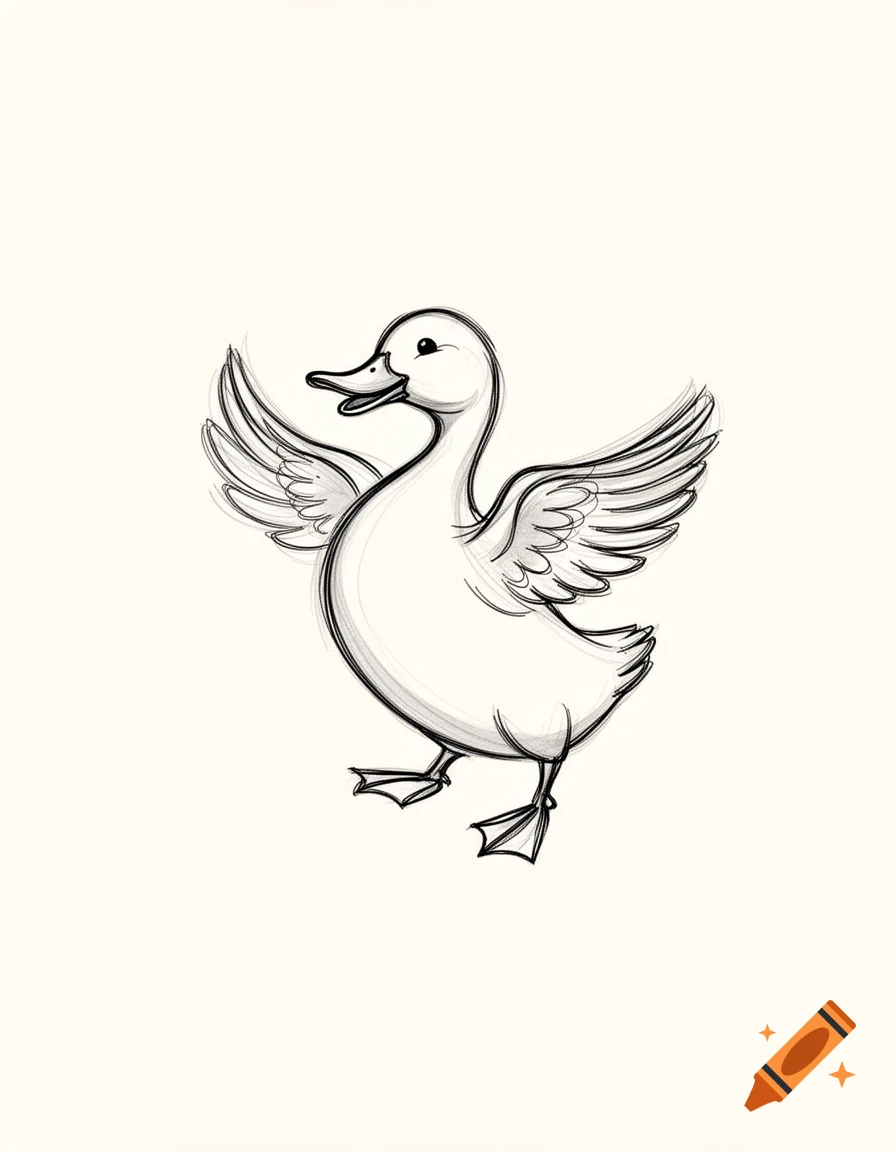 A line art drawing of a duck with its wings spread, appearing to dance, on a plain background.