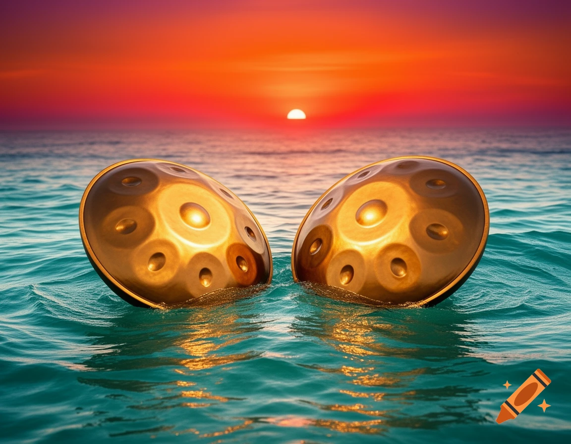 Two golden handpans float in turquoise ocean water against a vibrant orange and red sunset.