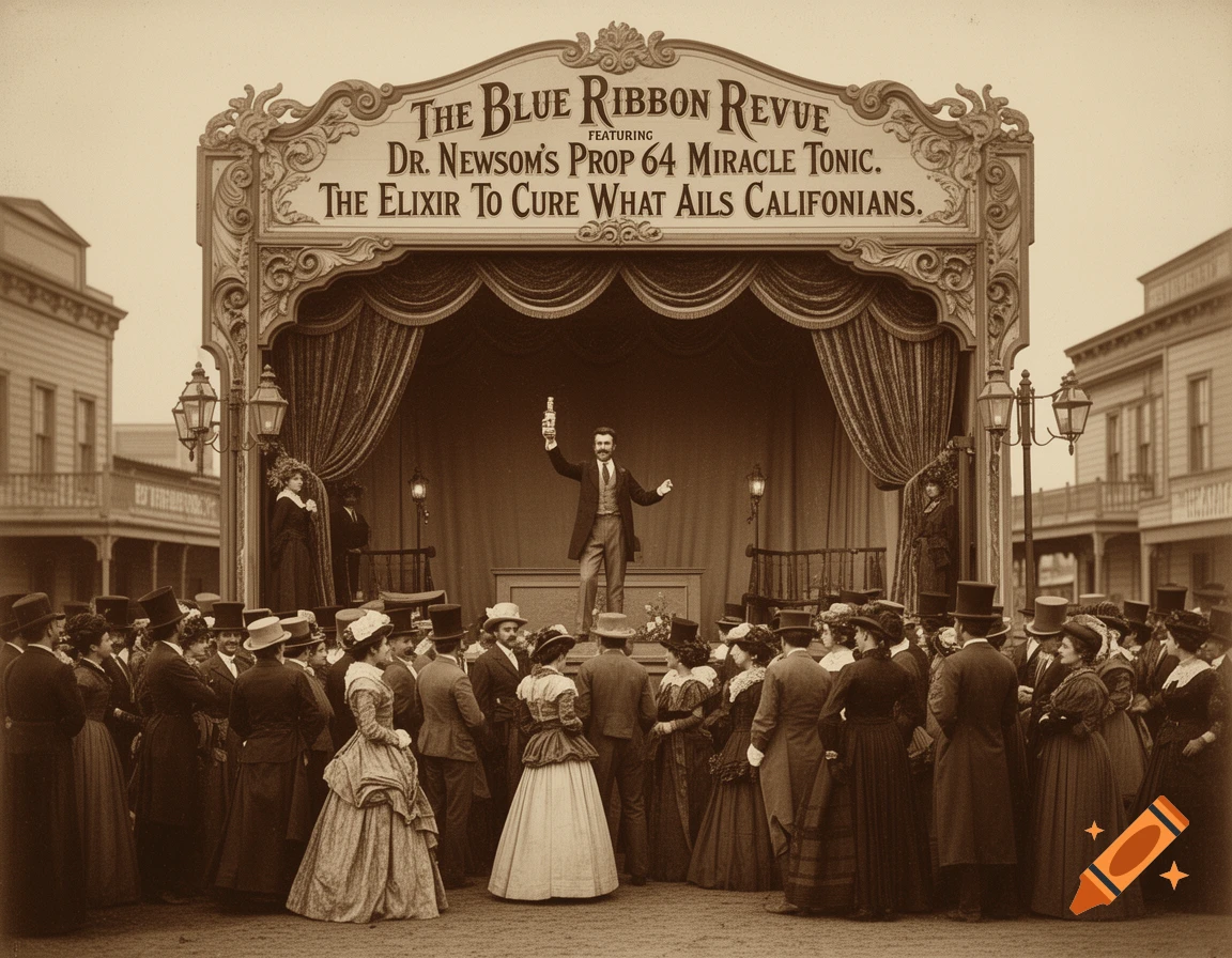 A sepia-toned image showing a large crowd of people in late 1800s attire gathered around a stage for 'The Blue Ribbon Revue' featuring 'Dr. Newsom's Miracle Tonic'.