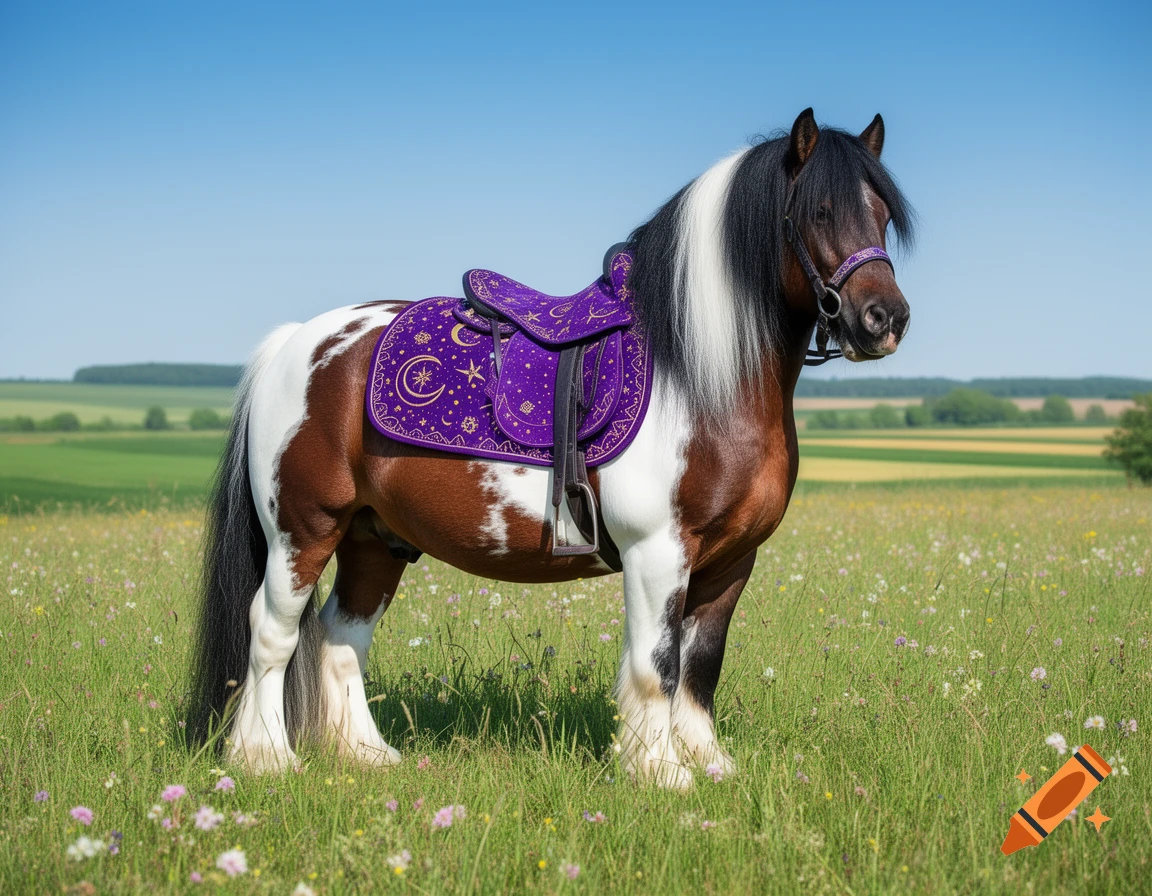 A brown and white gypsy cob horse with a black and white mane, wearing a purple fortune teller saddle with celestial patterns, stands in a sunny green field.
