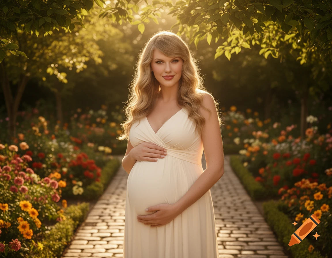 A pregnant woman, resembling Taylor Swift, stands on a sunny garden path, hands on her belly, surrounded by flowers and trees.