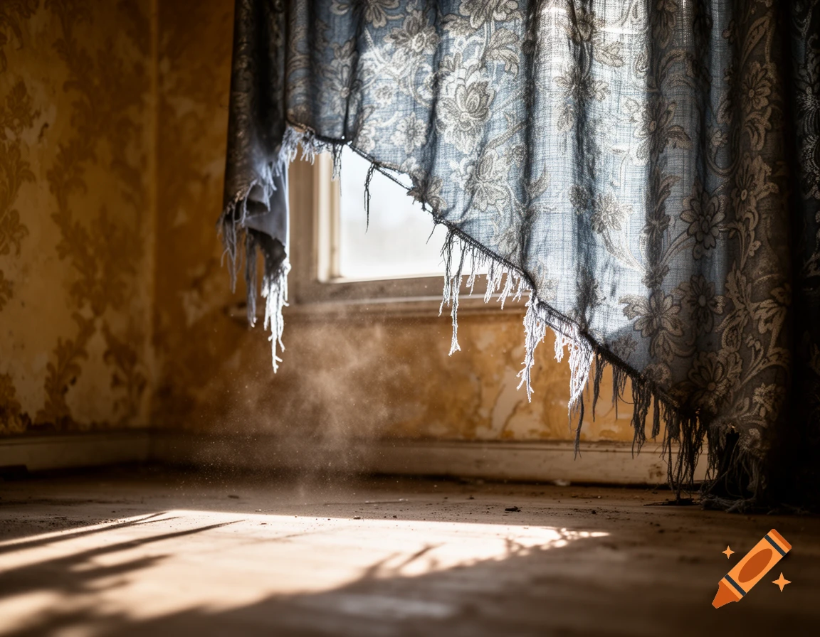 Photorealistic scene of sunlight streaming through a window, illuminating dust in a derelict room with a ripped, patterned curtain.