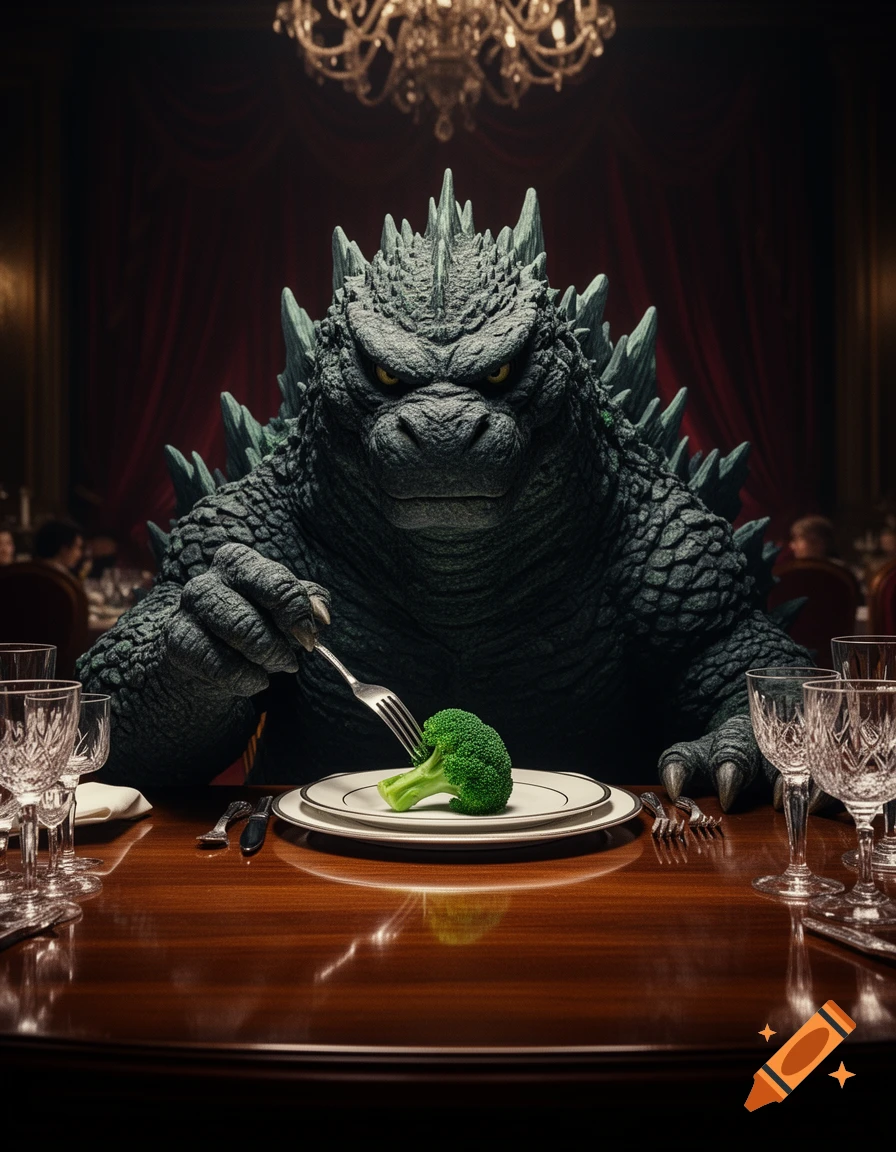 Photorealistic image of Godzilla in a fancy dining room, sitting at a polished wooden table and delicately eating broccoli with a fork.