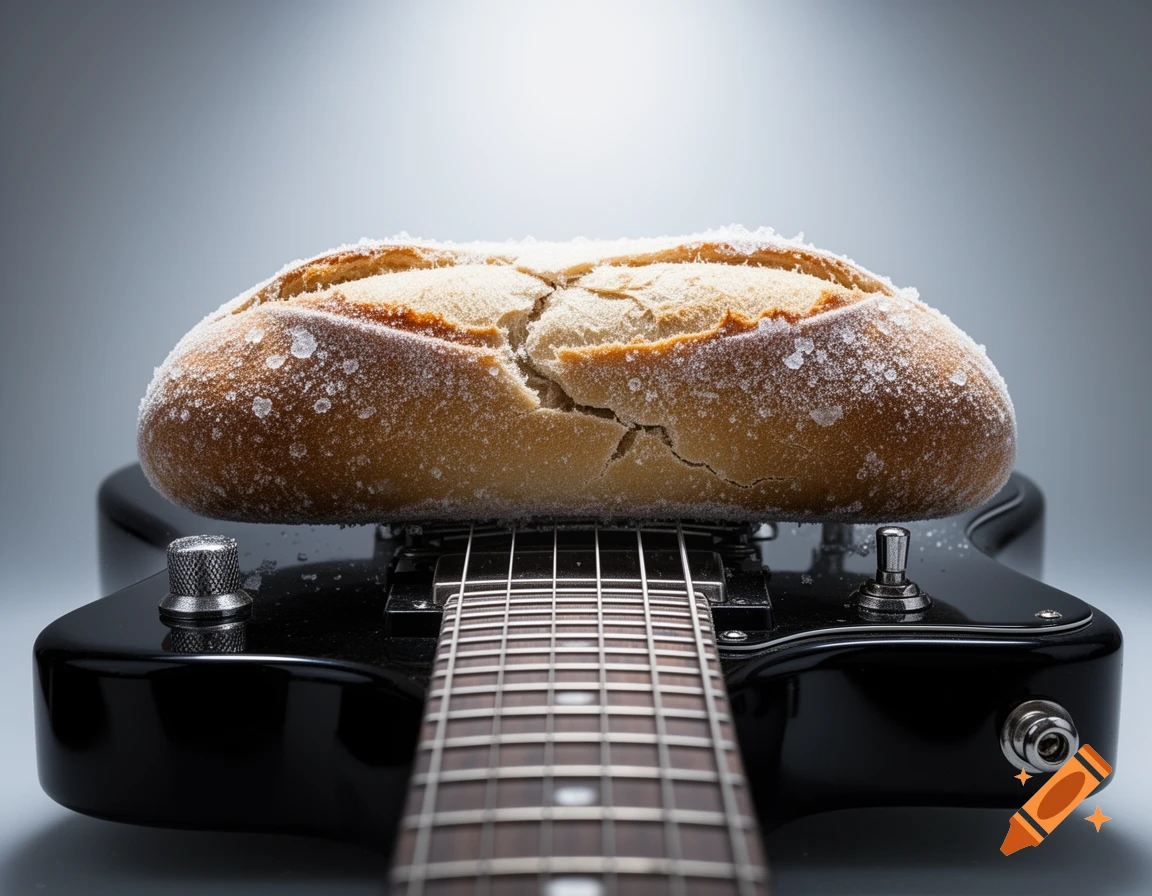 A close-up, top-down view of a frozen loaf of bread covered in white crystals resting on the body of a black electric guitar.