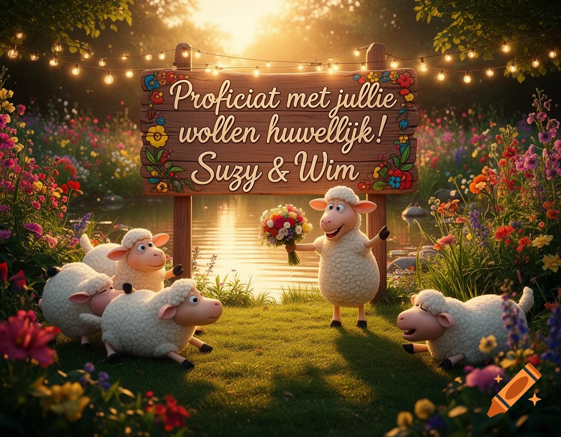 Cartoon sheep celebrate a woolen wedding in a vibrant flower field with a sign and string lights at sunset.