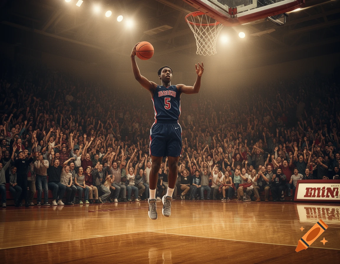 A basketball player in a blue and red number 5 jersey jumps to shoot a ball in a brightly lit arena with a cheering crowd, in a photorealistic style.