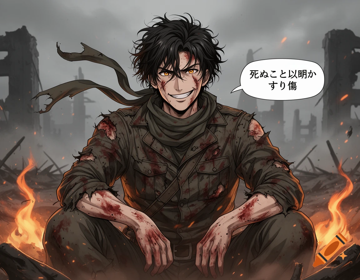 Anime soldier, bloodied and smiling, in a fiery, ruined city with a speech bubble.