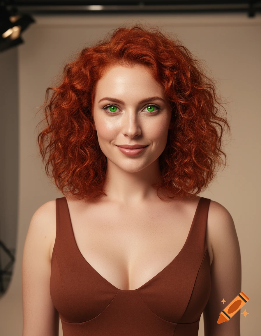 Photorealistic portrait of a smiling woman with red curly hair and bright green eyes, wearing a brown top in a studio setting.