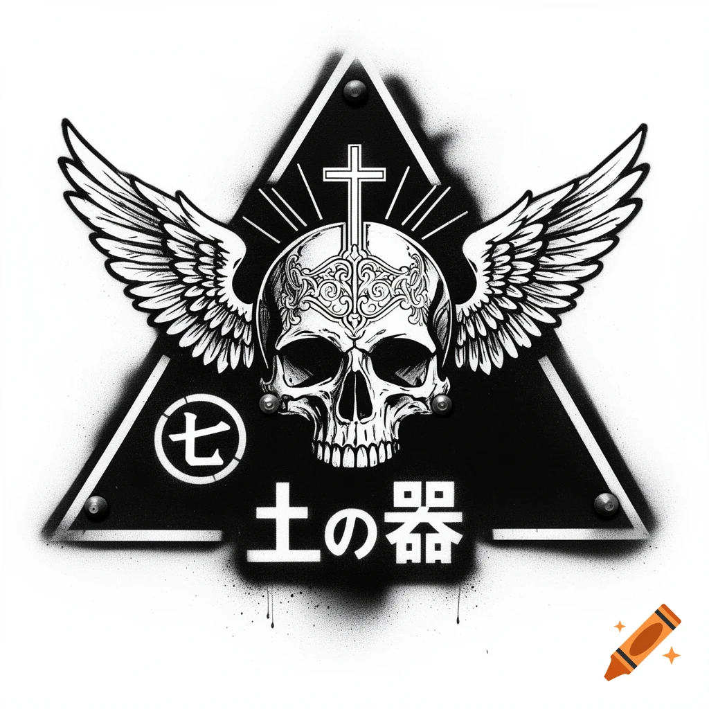 A black and white stencil emblem featuring a skull with intricate filigree, angel wings, a cross, and Japanese characters within an inverted triangle.